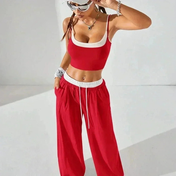 Red and White Casual Women's Sport Knit Tank Tops & Sweatpants - Picture 6 of 10